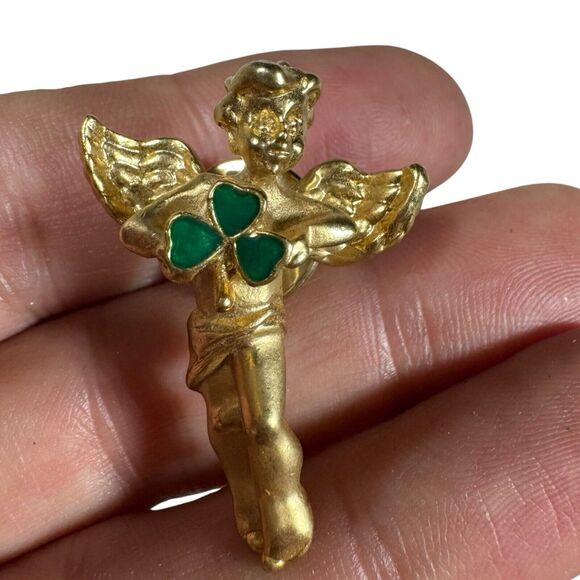 Lucky Angel Pin Holding Shamrock Clover Gold Tone Lapel - Picture 2 of 6